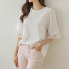 Chiffon-sleeve Lace-cuff T-shirt