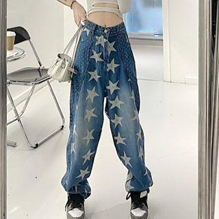 Star Print High Waist Wide Leg Jeans
