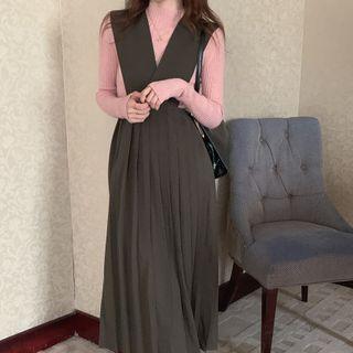 Mock-neck Knit Top / Pleated Midi A-line Overall Dress