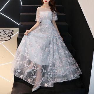Star Embroidered Mesh A-line Evening Gown / Cocktail Dress