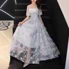 Star Embroidered Mesh A-line Evening Gown / Cocktail Dress