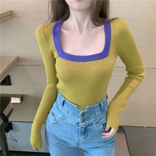 Square-neck Contrast Trim Ribbed Knit Top
