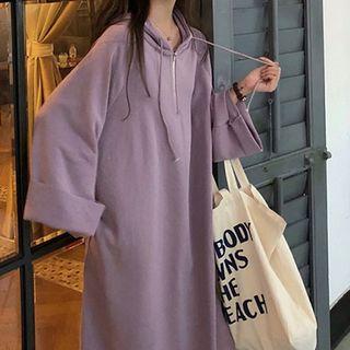 Plain Drawcord Long-sleeve Hooded Dress