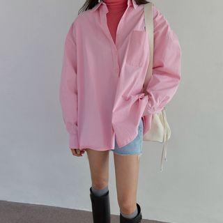 Long-sleeve Plain Shirt Peach - One Size