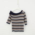 Elbow-sleeve One-shoulder Striped Knit Top