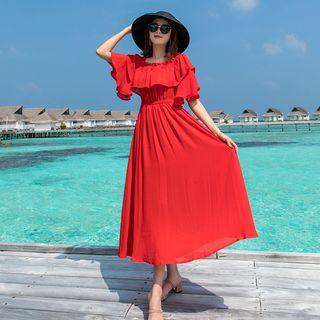 3/4-sleeve Ruffled A-line Midi Dress