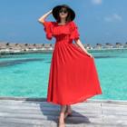 3/4-sleeve Ruffled A-line Midi Dress