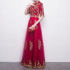 Embroidered Elbow Sleeve Mandarin Collar Evening Gown