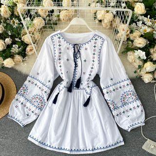 V-neck Embroidered Fringe Long-sleeve Dress