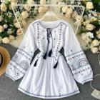 V-neck Embroidered Fringe Long-sleeve Dress