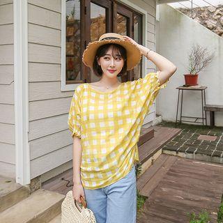 Round-neck Smocked-sleeve Gingham Top