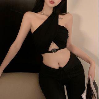 Halter-neck Off-shoulder Asymmetrical Cropped Top Black - One Size