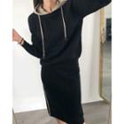 Contrast-trim Knit Hoodie & Skirt Set Black - One Size