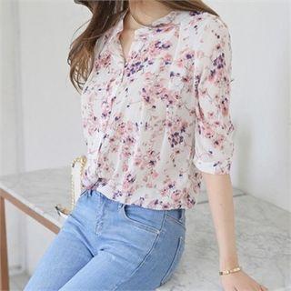 Mandarin-collar 3/4-sleeve Floral Blouse