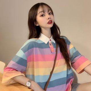 Elbow-sleeve Rainbow Stripe Polo Shirt