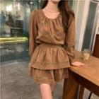 Long-sleeve Button-up Blouse / Tiered Mini A-line Skirt