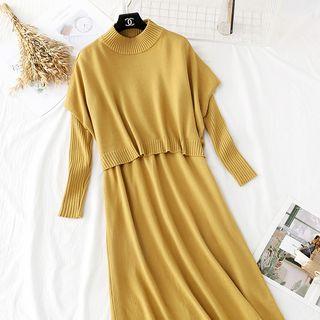 Set: Batwing-sleeve Knit Top + Knit Dress