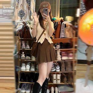 Short-sleeve Button-up Knit Top / Pleated Mini A-line Skirt