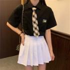 Embroidered Short Sleeve Shirt With Tie / Pleated Skirt