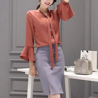 Set: Tie-neck Ruffled Blouse + Skirt
