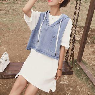 Set: Elbow-sleeve T-shirt Dress + Hooded Denim Vest