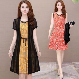 Set: Patterned Sleeveless A-line Dress + Light Jacket