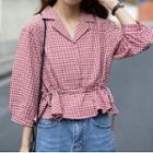 3/4-sleeve Open Collar Plaid Top