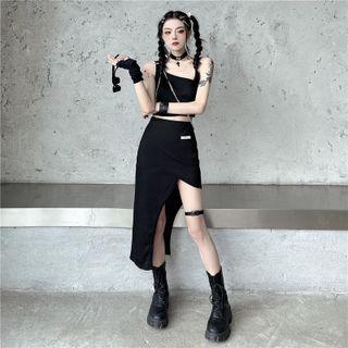 Set - Off-shoulder Cropped Tank Top + Asymmetrical Semi Skirt