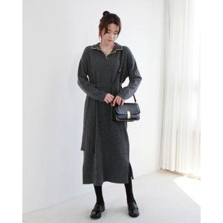Collared Knit Long Dress With Sash