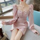 Square-neck Lantern-sleeve Mini Sheath Dress