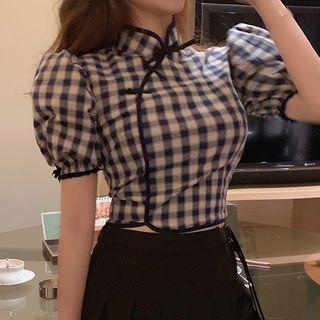 Balloon-sleeve Gingham Blouse / Pleated Skort