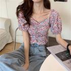 Floral Print Short-sleeve Ruched Cropped Blouse