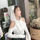 Hooded Cold Shoulder Long-sleeve T-shirt White - One Size