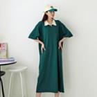 Contrast-collar Boxy Long Dress