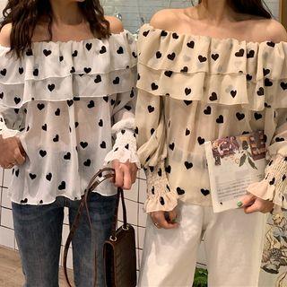 Heart Print Off-shoulder Tiered Chiffon Blouse