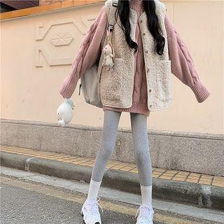 Faux-shearling Vest / Cable-knit Sweater
