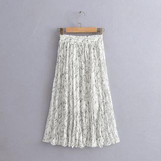Floral Print Midi A-line Pleated Skirt 9427 - Black & White - One Size