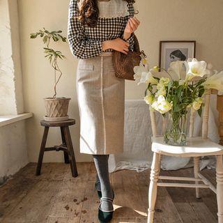 Fringe-trim Herringbone Midi Skirt