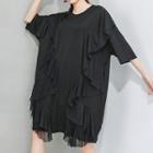 Ruffle Trim Mesh Panel Short-sleeve Midi T-shirt Dress Black - One Size