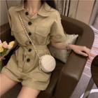 Short-sleeve Plain Cargo Romper With Sash