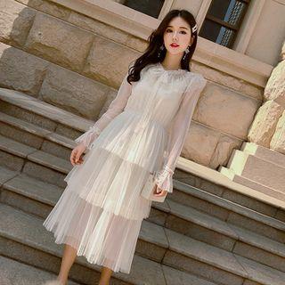 Set: Bell-sleeve Midi Layered Mesh Dress + Spaghetti Strap Mini Dress