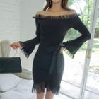 Set: Off-shoulder Top + Mesh-trim Skirt
