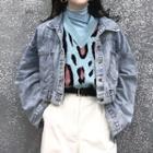 Turtleneck Long-sleeve T-shirt / Leopard Pattern Knit Vest / Cropped Denim Jacket