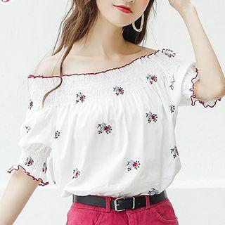 Flower Embroidered Off-shoulder Elbow-sleeve Top
