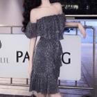 Ruffle Sequined Off-shoulder Mini A-line Dress