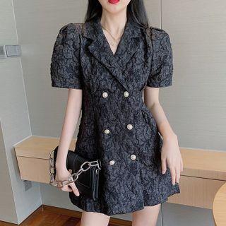 Short-sleeve Faux Pearl Double-breasted Textured Mini Sheath Blazer Dress