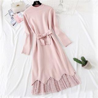 Set: Faux-pearl Beaded Knit Dress + Lace Skirt