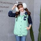 Letter Embroidered Color Panel Hooded Long Jacket