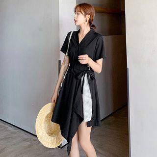 Short-sleeve Asymmetric Lace-up Panel Striped Dress