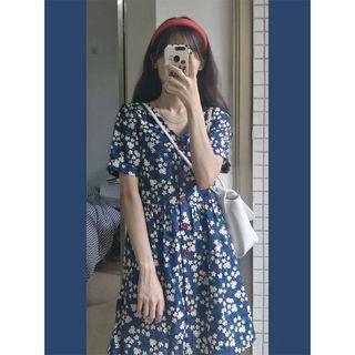 Short-sleeve V-neck Floral Button-up A-line Dress